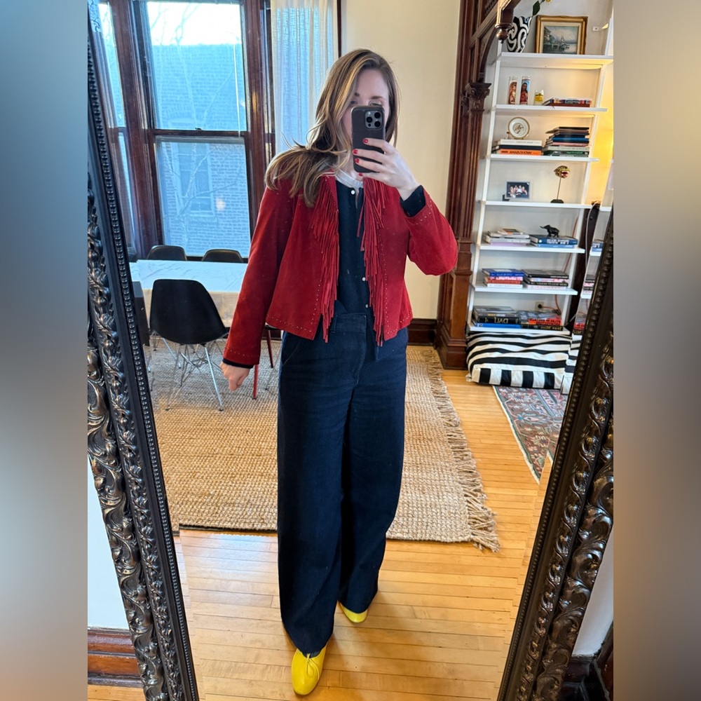 Red Genuine Suede Fringe Jacket with Gold Detailing